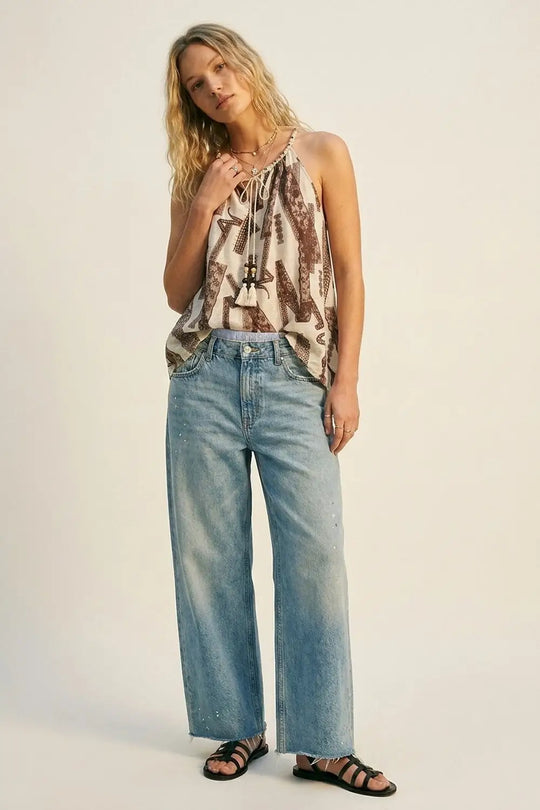 Beige and Brown Printed Relaxed Fit Halter Top - Tops