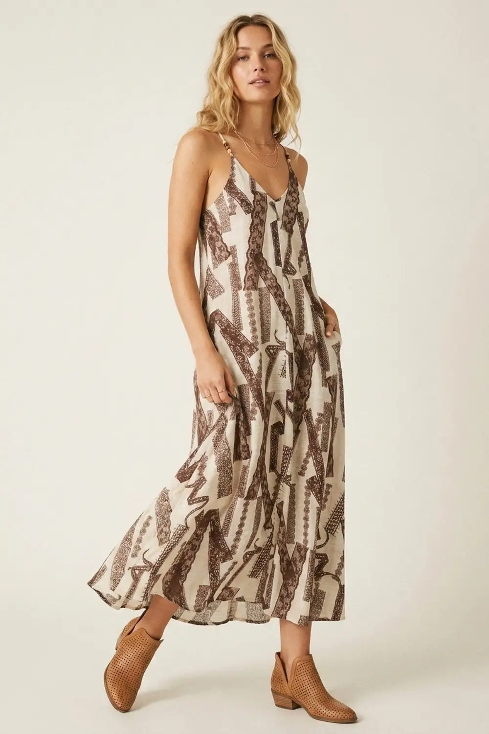 Cream and Brown Printed Flowing Maxi Dress - Dresses