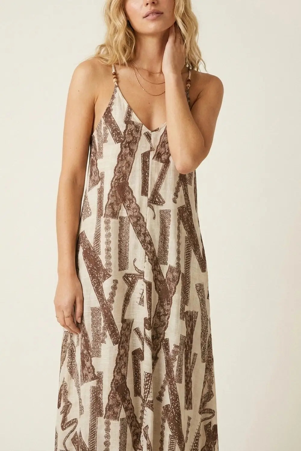 Cream and Brown Printed Flowing Maxi Dress - Dresses