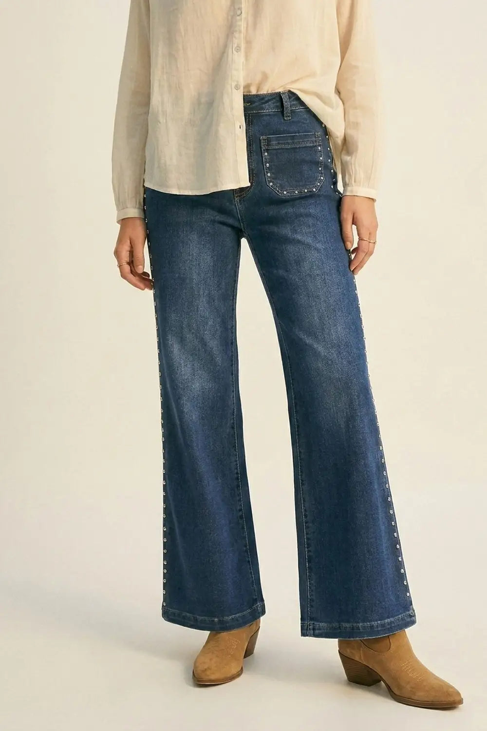 mid wash blue Flare-Leg Denim Jeans with Side Stud Detail