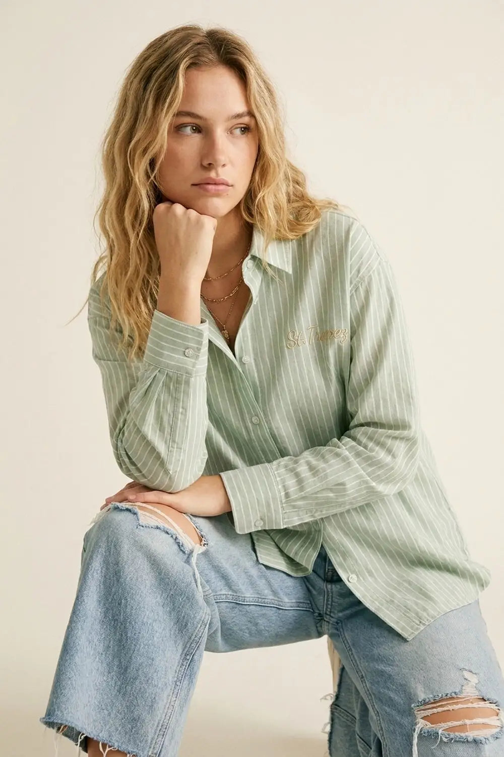 Light Green Striped Shirt with embroidered St. Tropez logo - Shirts