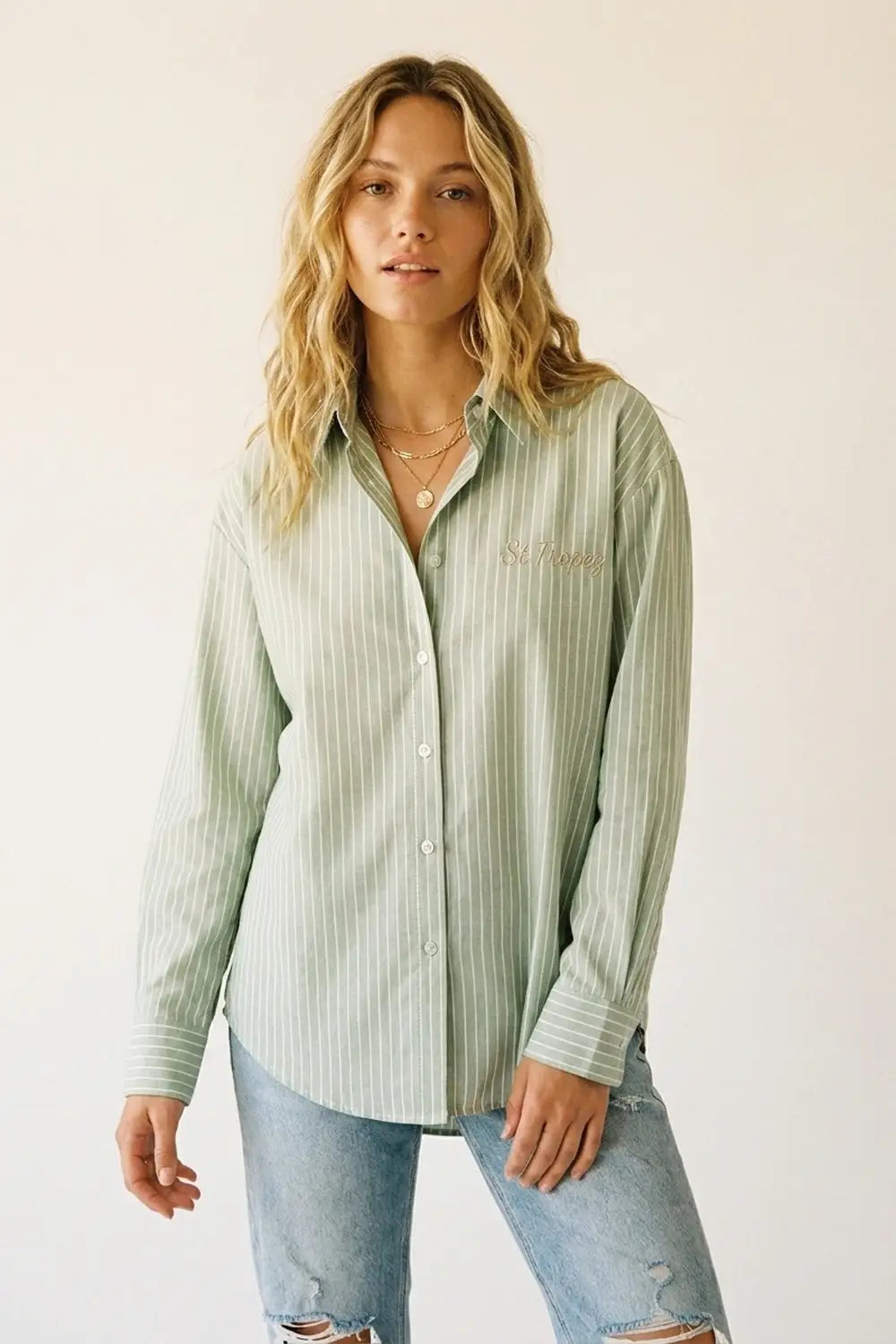 Light Green Striped Shirt with embroidered St. Tropez logo - Shirts