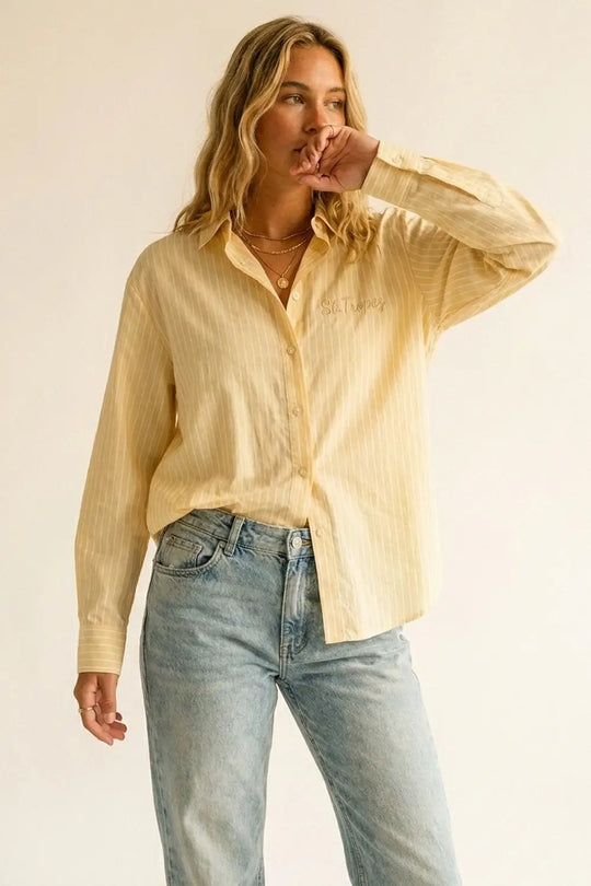 Yellow Pinstripe Button-Up Shirt With Embroidered St.Tropez - Shirts