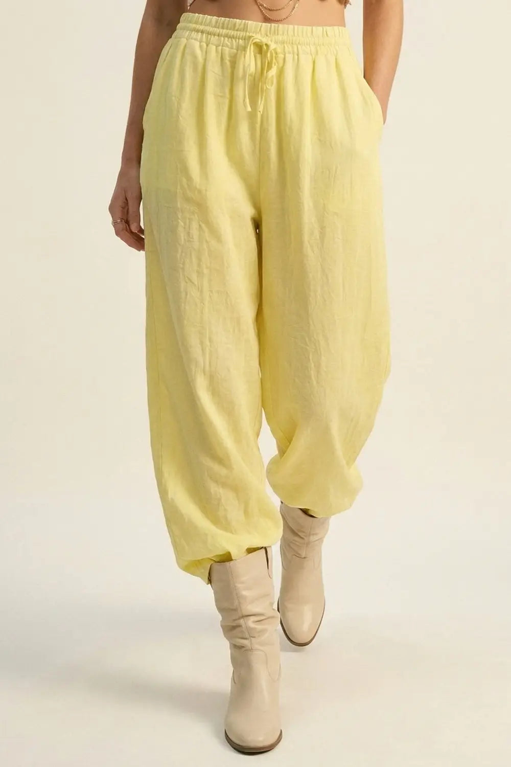 Yellow Wide-Leg Drawstring Pants with sheer fabric - Pants