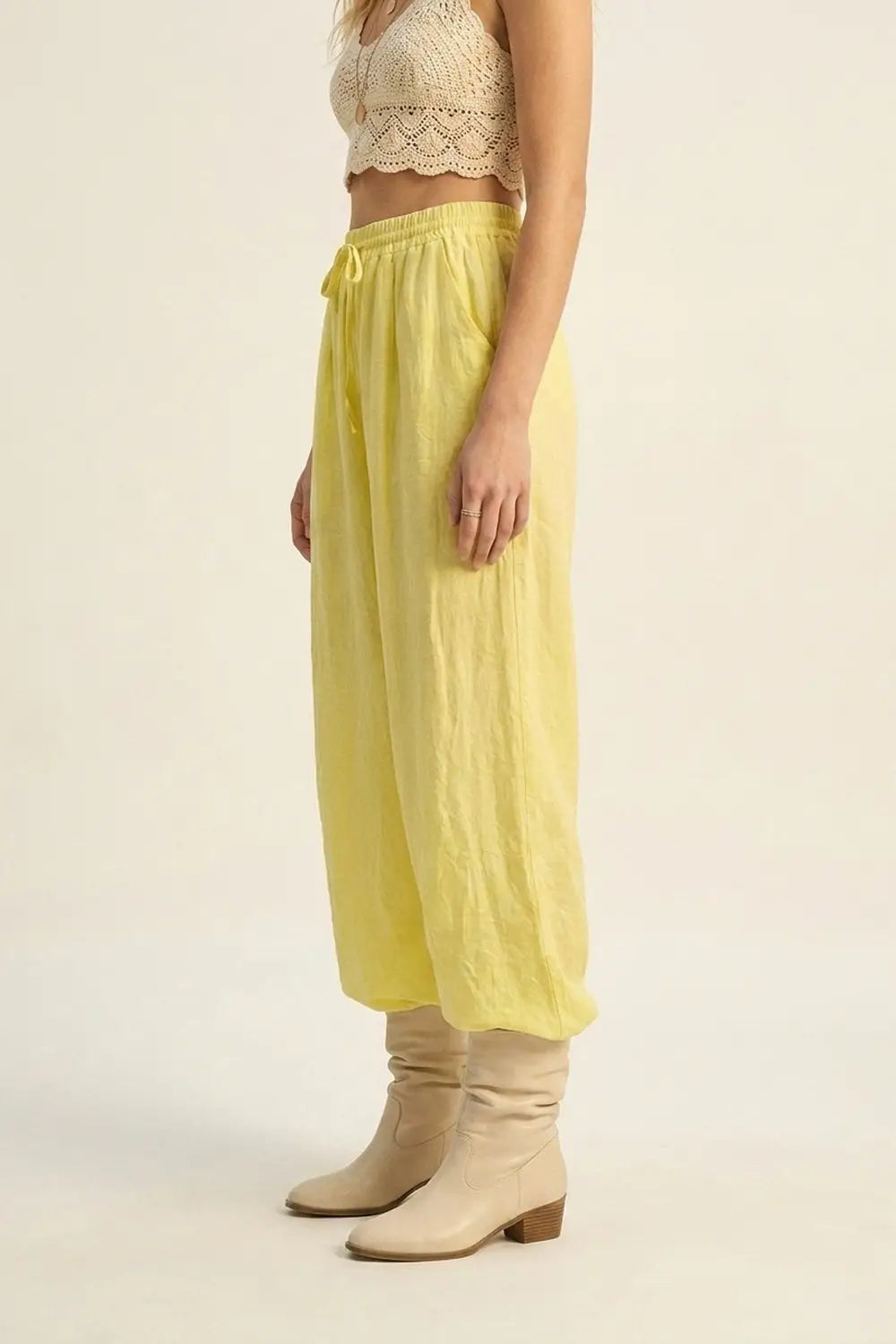 Yellow Wide-Leg Drawstring Pants with sheer fabric - Pants