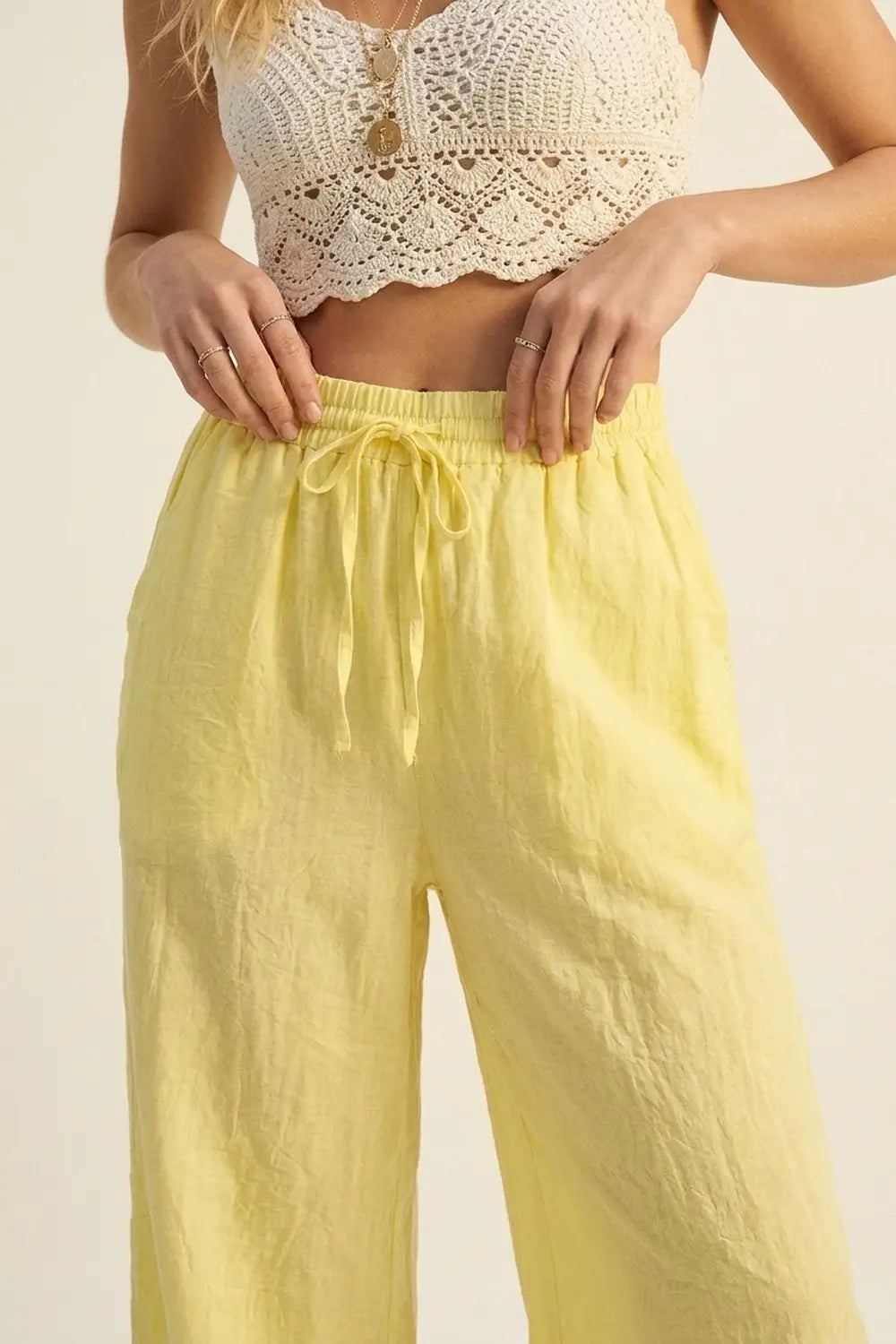 Yellow Wide-Leg Drawstring Pants with sheer fabric - Pants