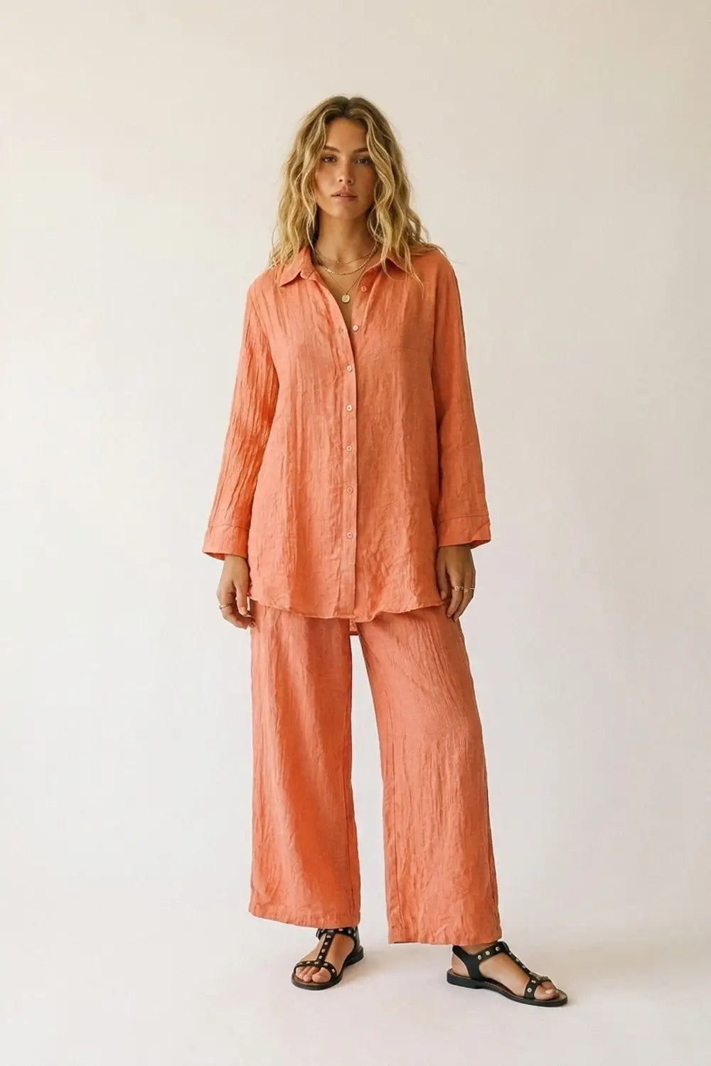 Coral Button-Down Shirt Tunic with sheer Crinkled fabric - Shirts