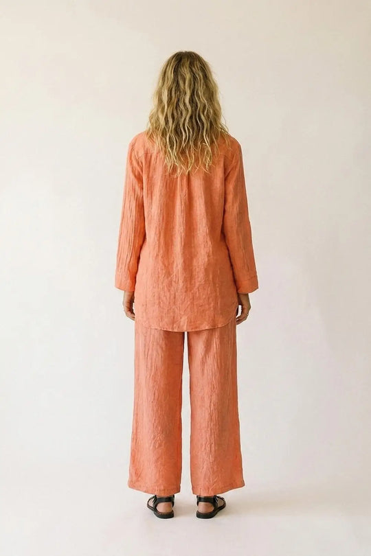 Coral Button-Down Shirt Tunic with sheer Crinkled fabric - Shirts