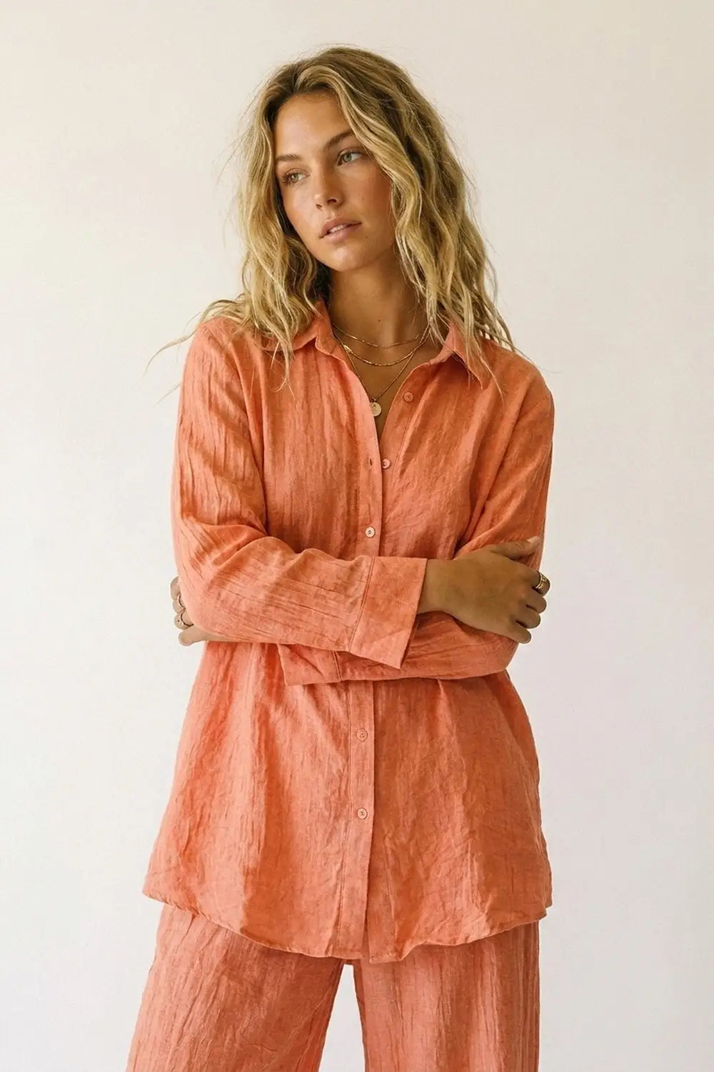 Coral Button-Down Shirt Tunic with sheer Crinkled fabric - Shirts