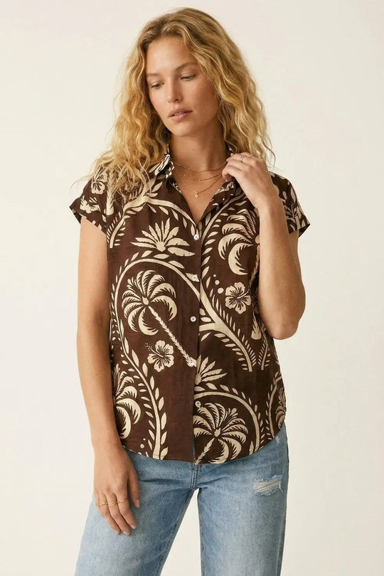 Brown Tropical Print Short Sleeve Button-Up shirt - Shirts