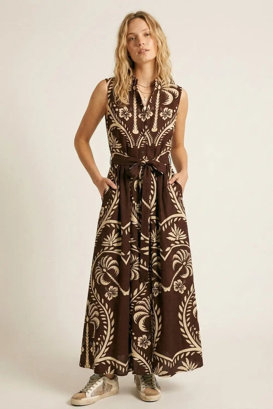 Brown Printed Maxi Dress with Belted Waist - BROWN / ONE - Dresses