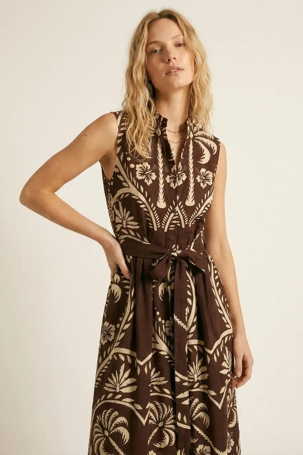 Brown Printed Maxi Dress with Belted Waist - BROWN / ONE - Dresses