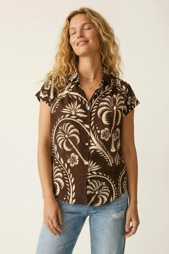 Brown Tropical Print Short Sleeve Button-Up shirt - Shirts