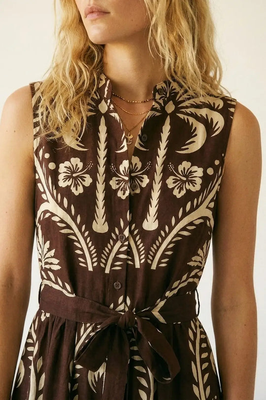Brown Printed Maxi Dress with Belted Waist - BROWN / ONE - Dresses