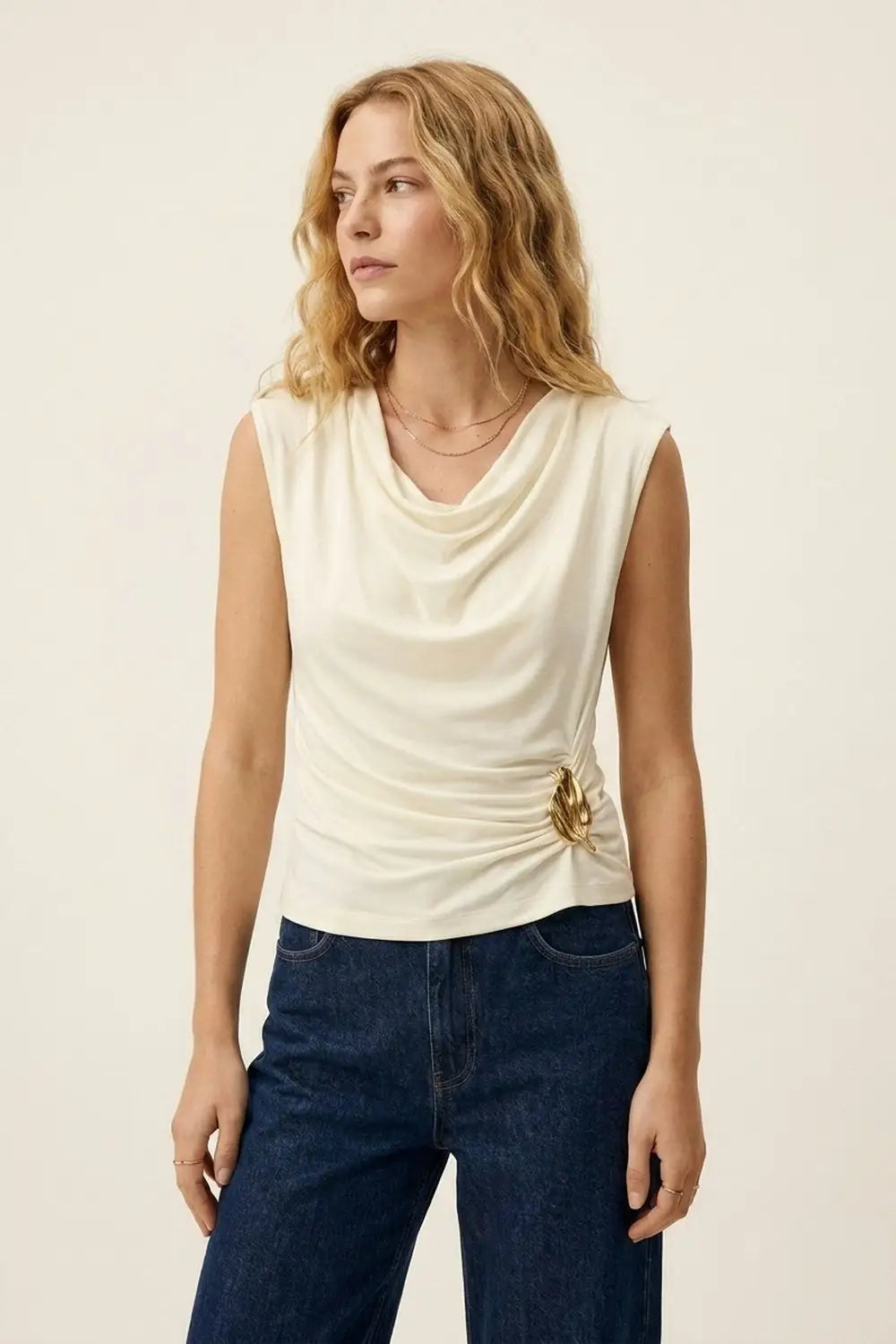 Cream Draped Sleeveless Top With gold Metal Decor - Tops