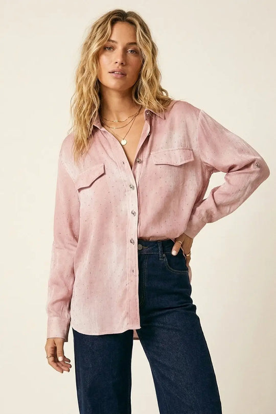Pink chiffon Shirt with strass details and Chest Pockets - Shirts