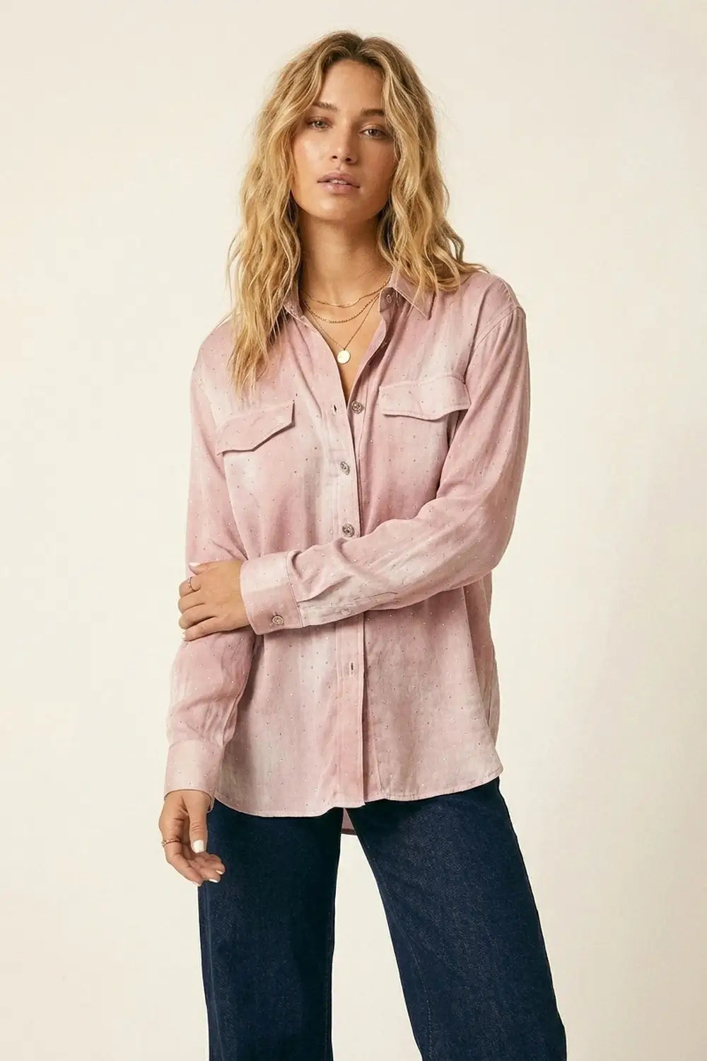 Pink chiffon Shirt with strass details and Chest Pockets - Shirts