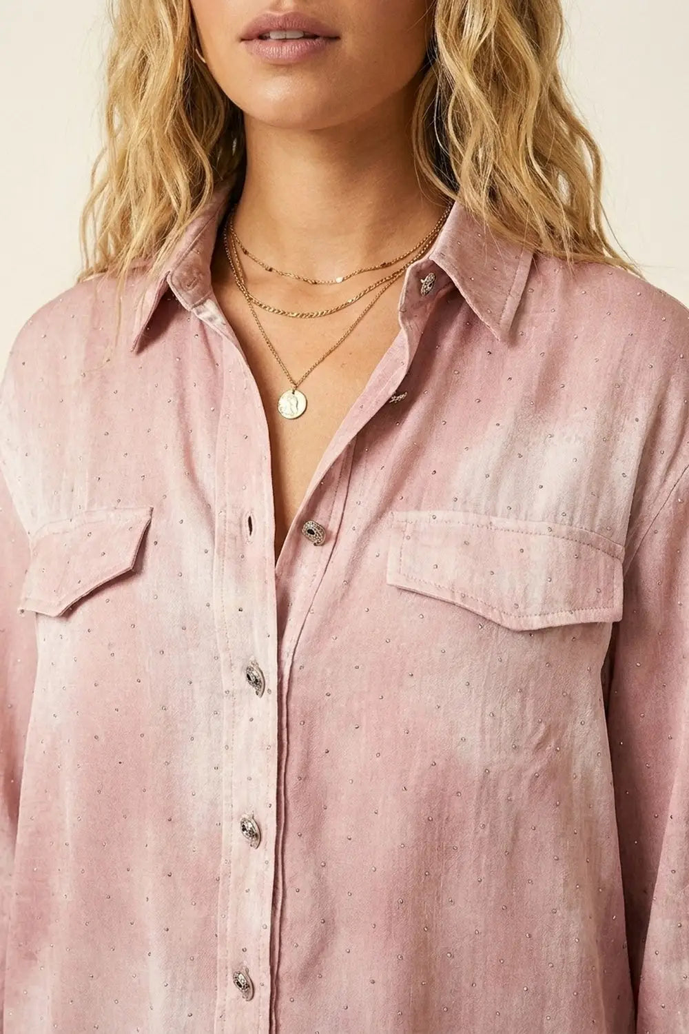 Pink chiffon Shirt with strass details and Chest Pockets - Shirts
