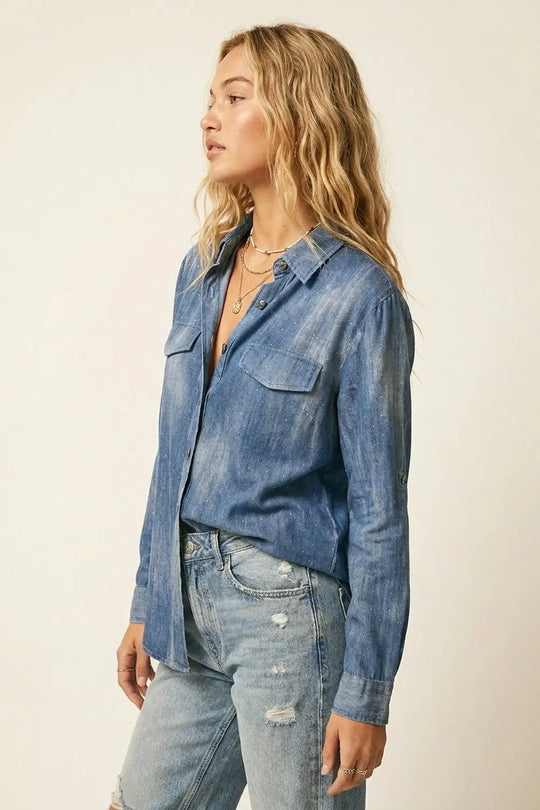Blue tie dye Shirt in chiffon with strass details - Shirts
