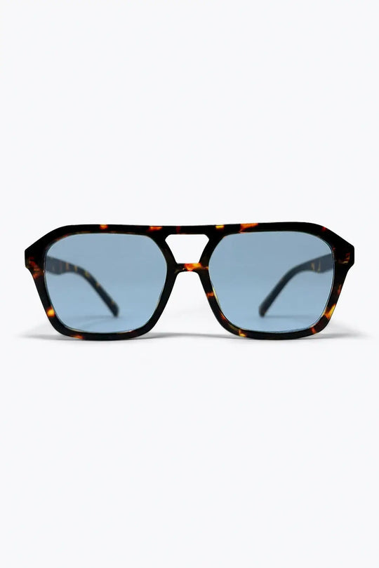 Tortoiseshell Brown Aviator Sunglasses with Blue Lenses - BROWN / ONE - Sunglasses