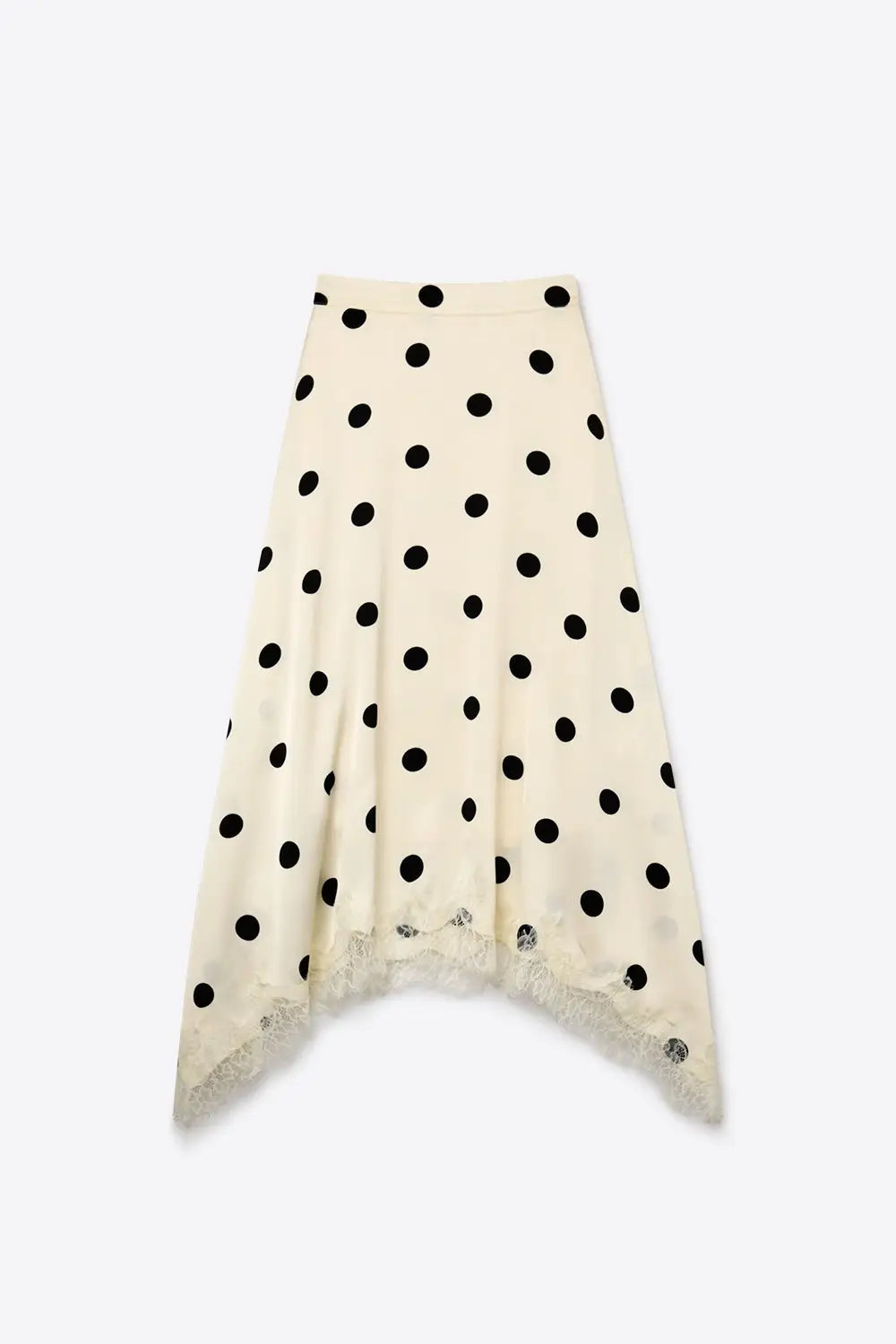 Cream Polka-Dot Print Satin Lace Trim Asymmetrical Midi Skirt - Skirts