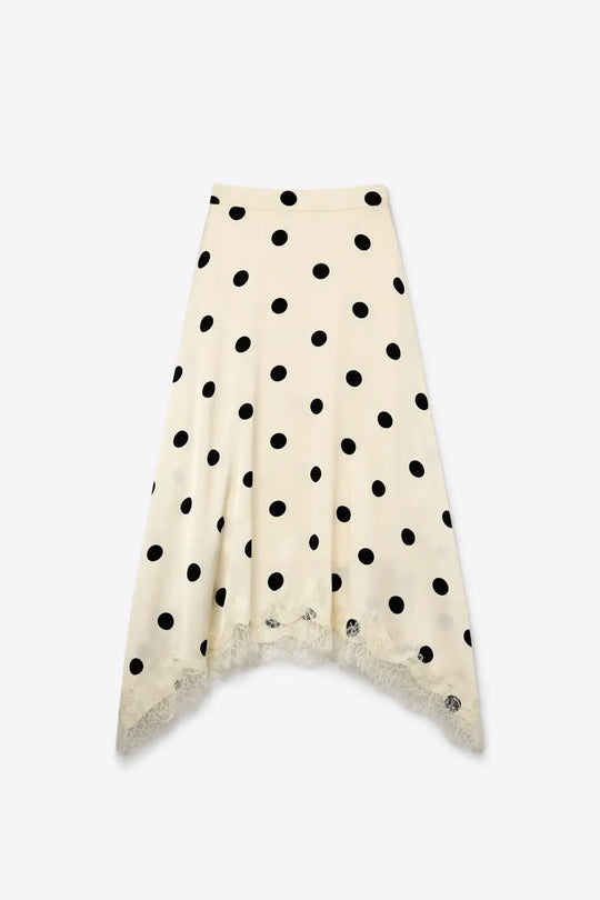Cream Polka-Dot Print Satin Lace Trim Asymmetrical Midi Skirt - Skirts