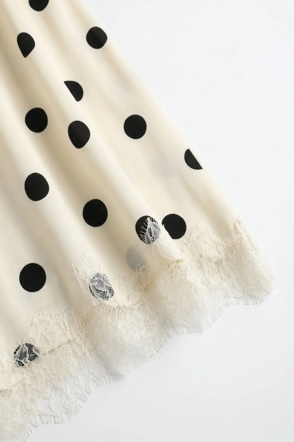 Cream Polka-Dot Print Satin Lace Trim Asymmetrical Midi Skirt - Skirts