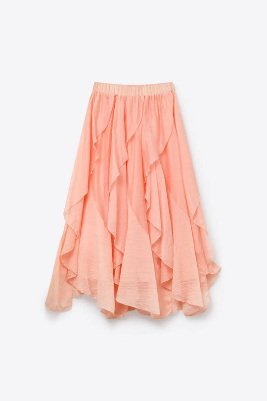 Pink Lightweight Woven Ruffle Tiered Asymmetrical Midi Skirt - Skirts