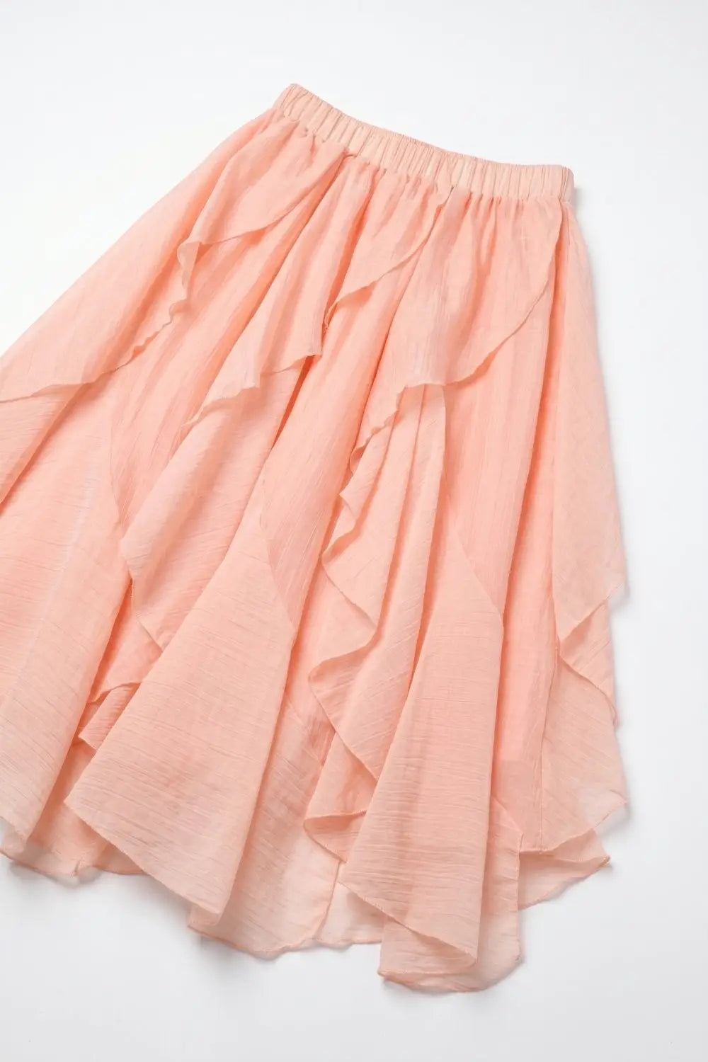 Pink Lightweight Woven Ruffle Tiered Asymmetrical Midi Skirt - Skirts