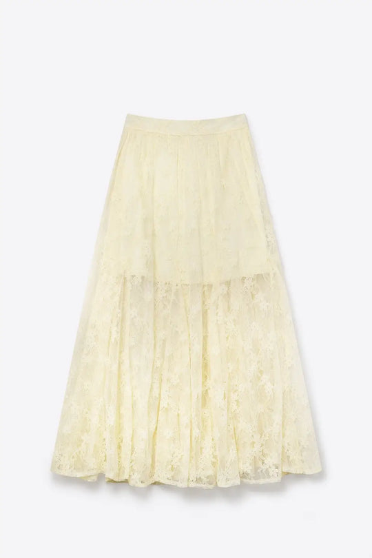 Cream Floral Lace fabric Maxi Skirt with Elastic Waist - Skirts