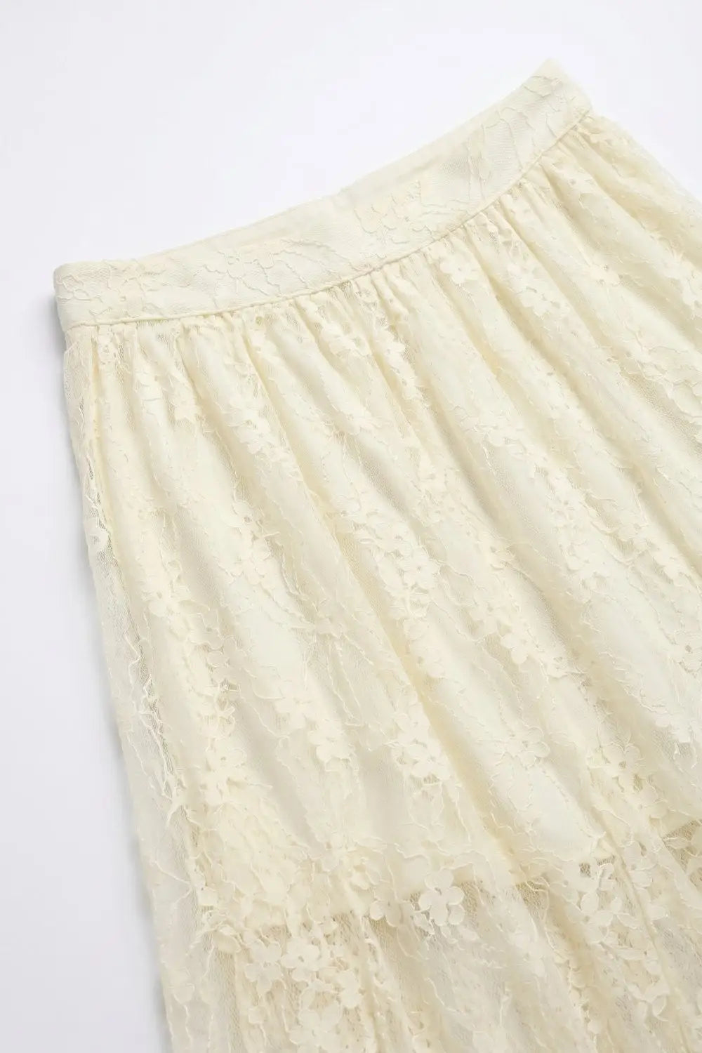 Cream Floral Lace fabric Maxi Skirt with Elastic Waist - Skirts
