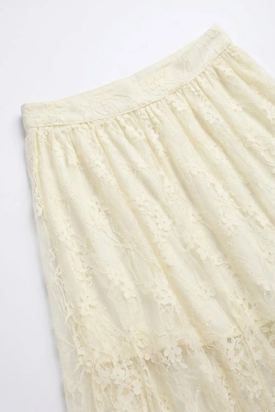 Cream Floral Lace fabric Maxi Skirt with Elastic Waist - Skirts