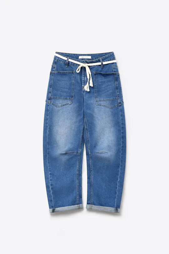 Blue Mid Wash ankle Wide Leg Jeans with Belt
