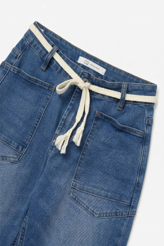 Blue Mid Wash ankle Wide Leg Jeans with Belt