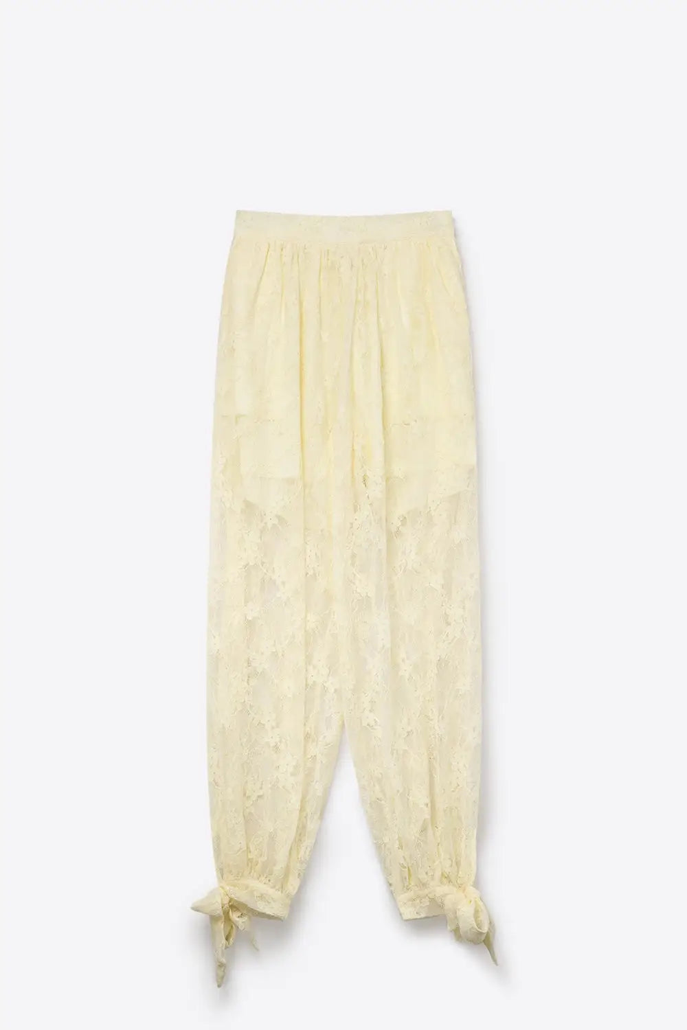 Cream Floral Lace Sheer Tie Hem Relaxed Fit Pants - Pants