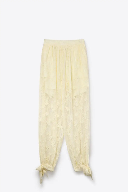 Cream Floral Lace Sheer Tie Hem Relaxed Fit Pants - Pants