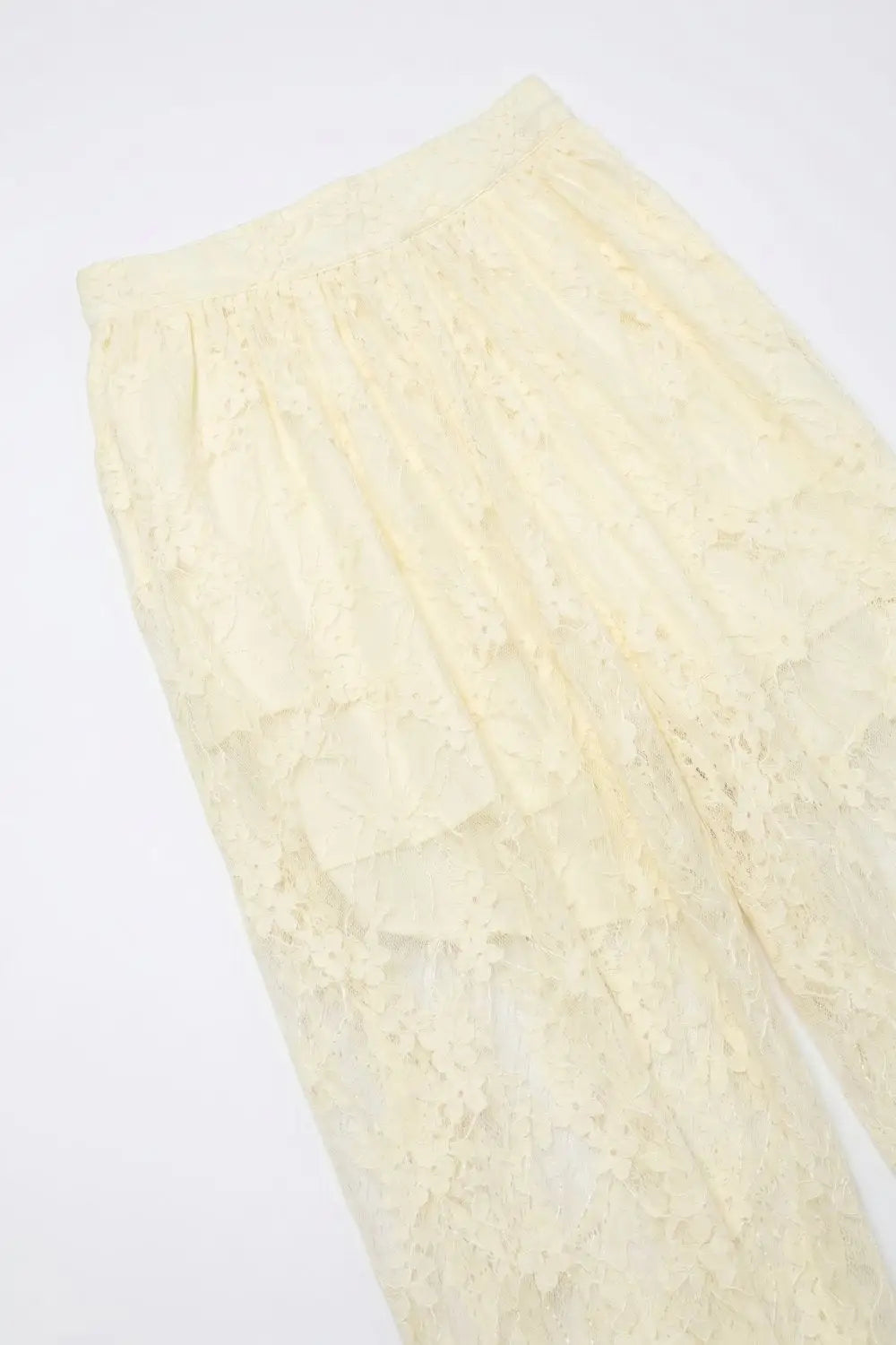 Cream Floral Lace Sheer Tie Hem Relaxed Fit Pants - Pants