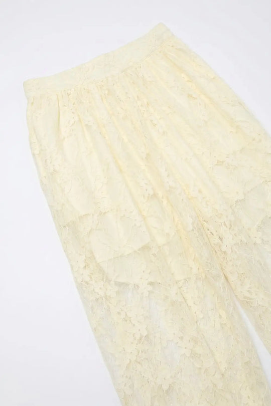 Cream Floral Lace Sheer Tie Hem Relaxed Fit Pants - Pants