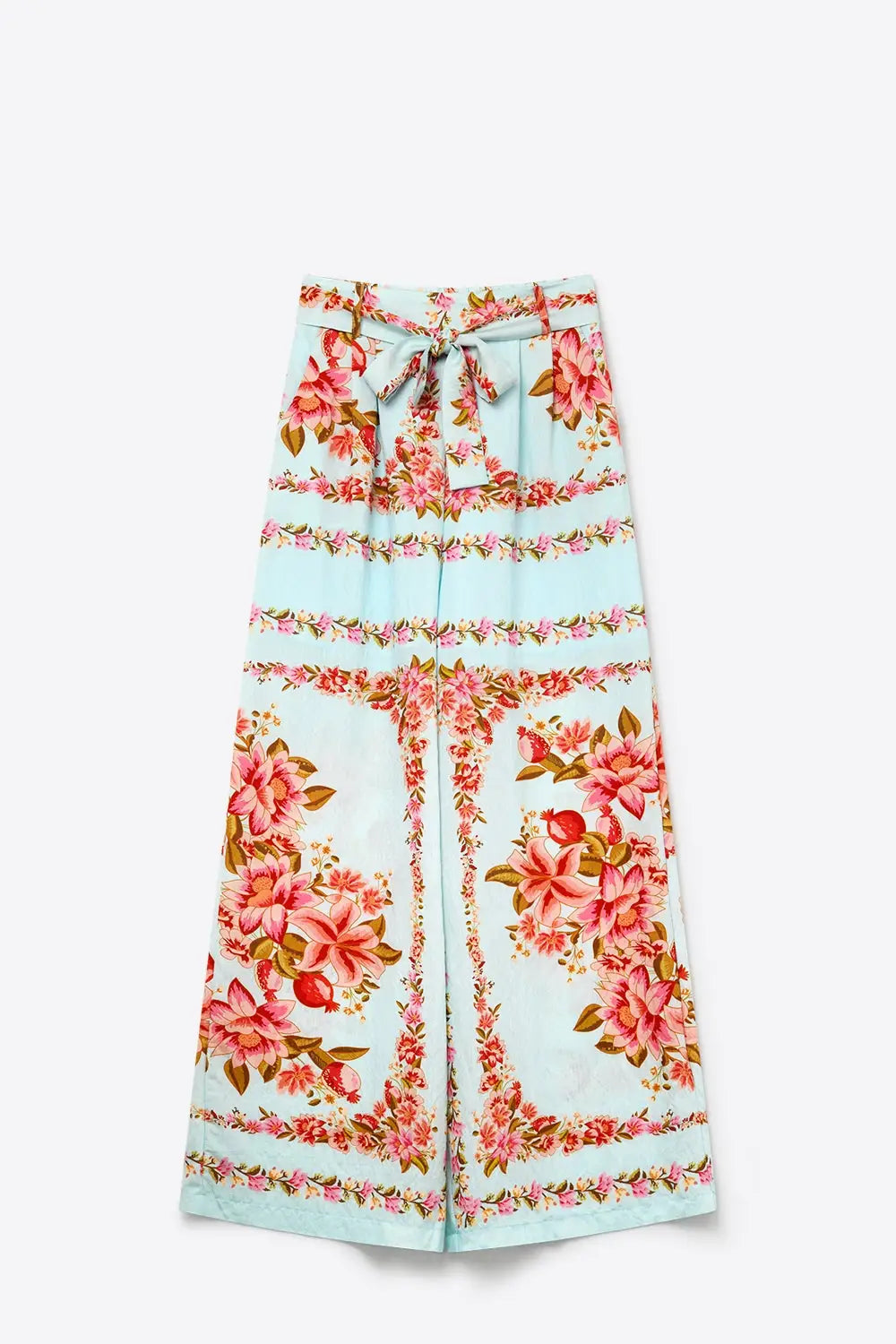 Light Blue Floral Print Cotton Tie Waist Wide Leg Pants - Pants
