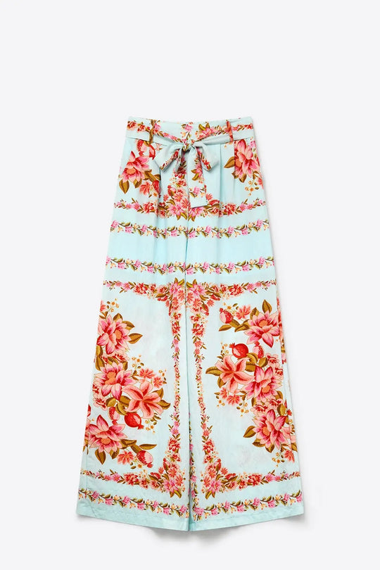 Light Blue Floral Print Cotton Tie Waist Wide Leg Pants - Pants