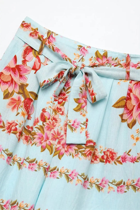 Light Blue Floral Print Cotton Tie Waist Wide Leg Pants - Pants