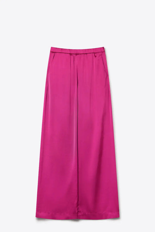 Fuchsia Lightweight Satin Wide Leg Elastic Waist Pants - Pants