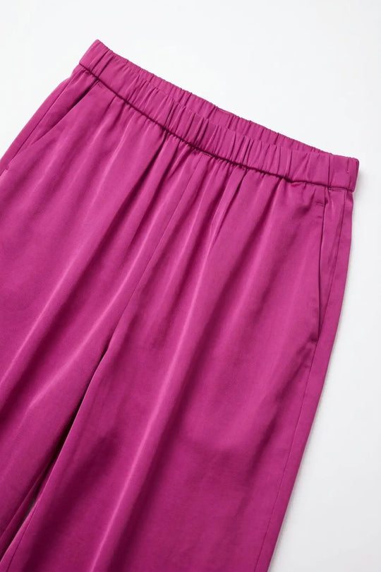 Fuchsia Lightweight Satin Wide Leg Elastic Waist Pants - Pants