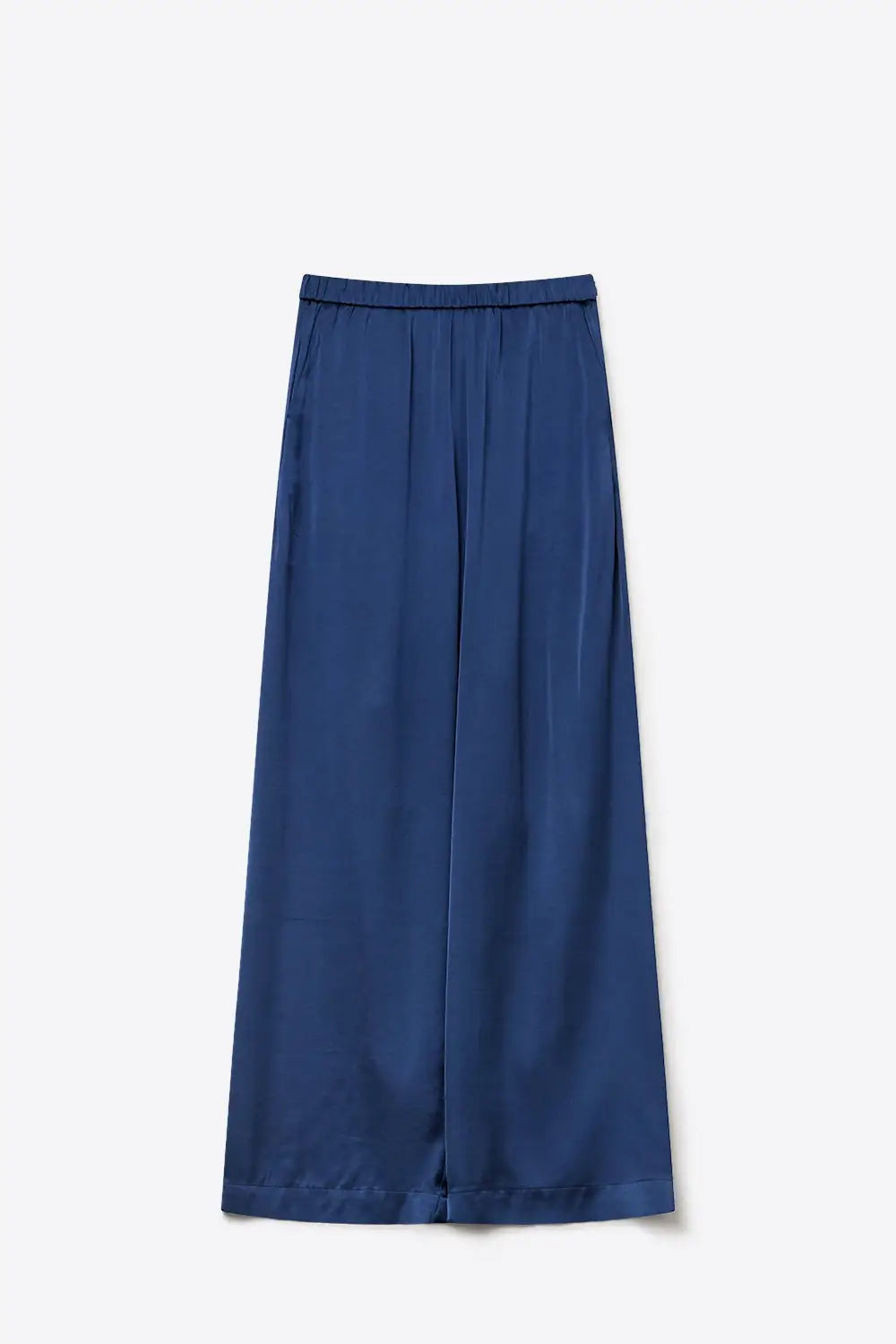 Navy Lightweight Satin Wide Leg Elastic Waist Pants - Pants