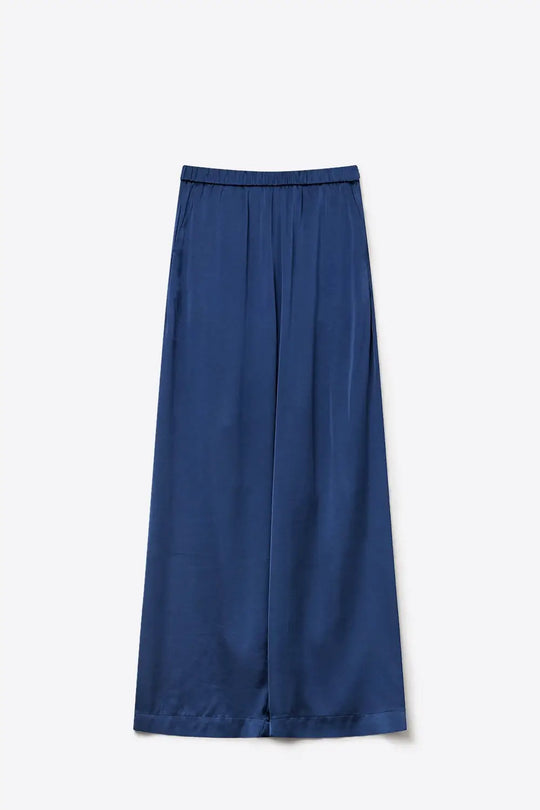 Navy Lightweight Satin Wide Leg Elastic Waist Pants - Pants