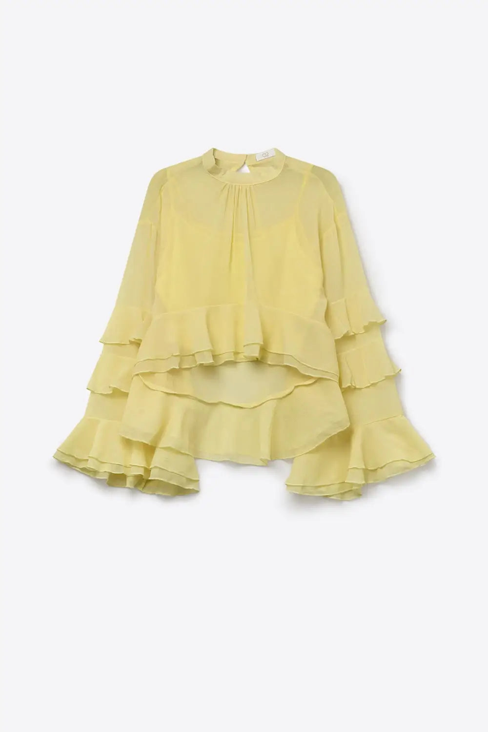 Yellow Chiffon Ruffle Tiered Flared Sleeve High Neck Blouse Top - Tops