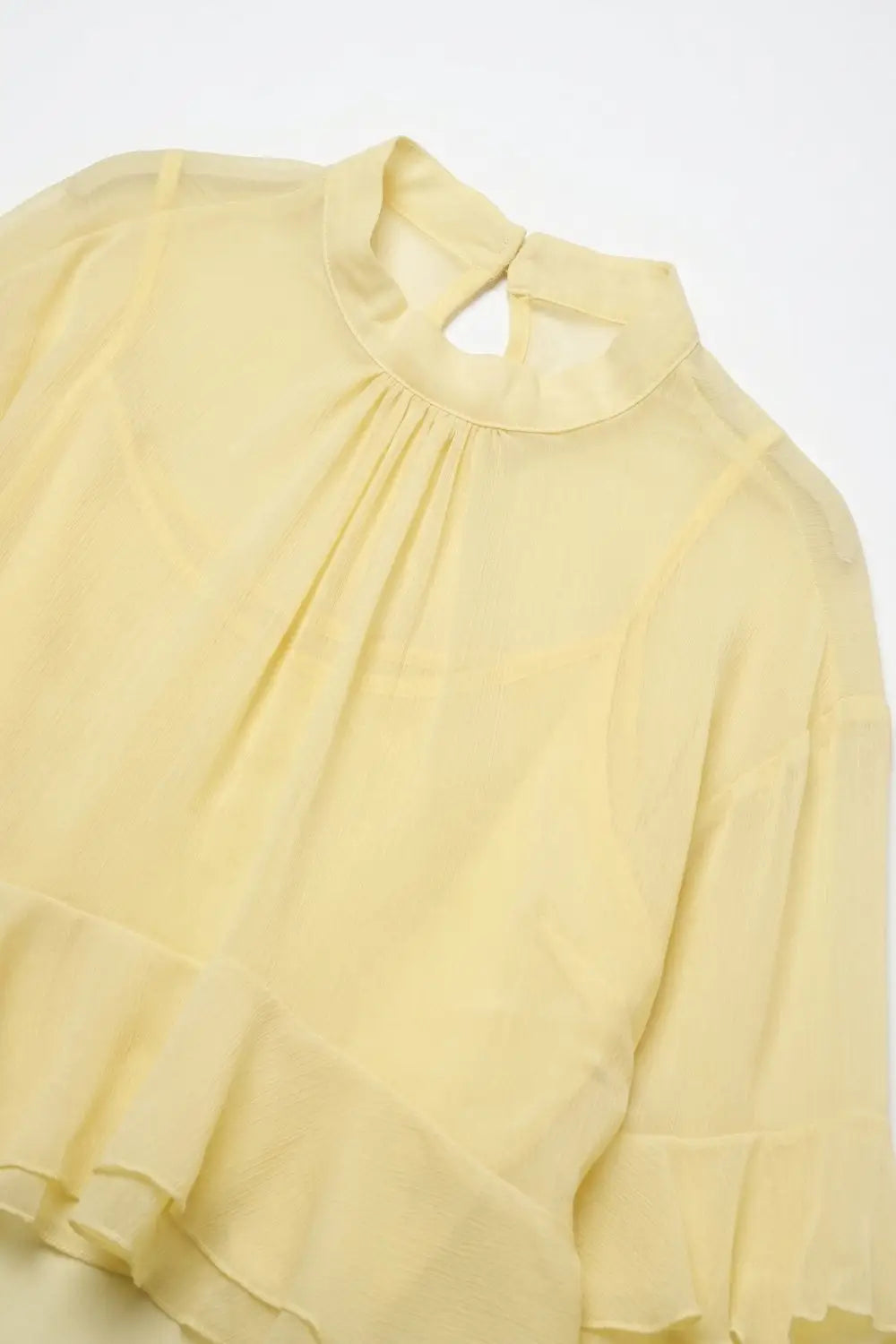 Yellow Chiffon Ruffle Tiered Flared Sleeve High Neck Blouse Top - Tops