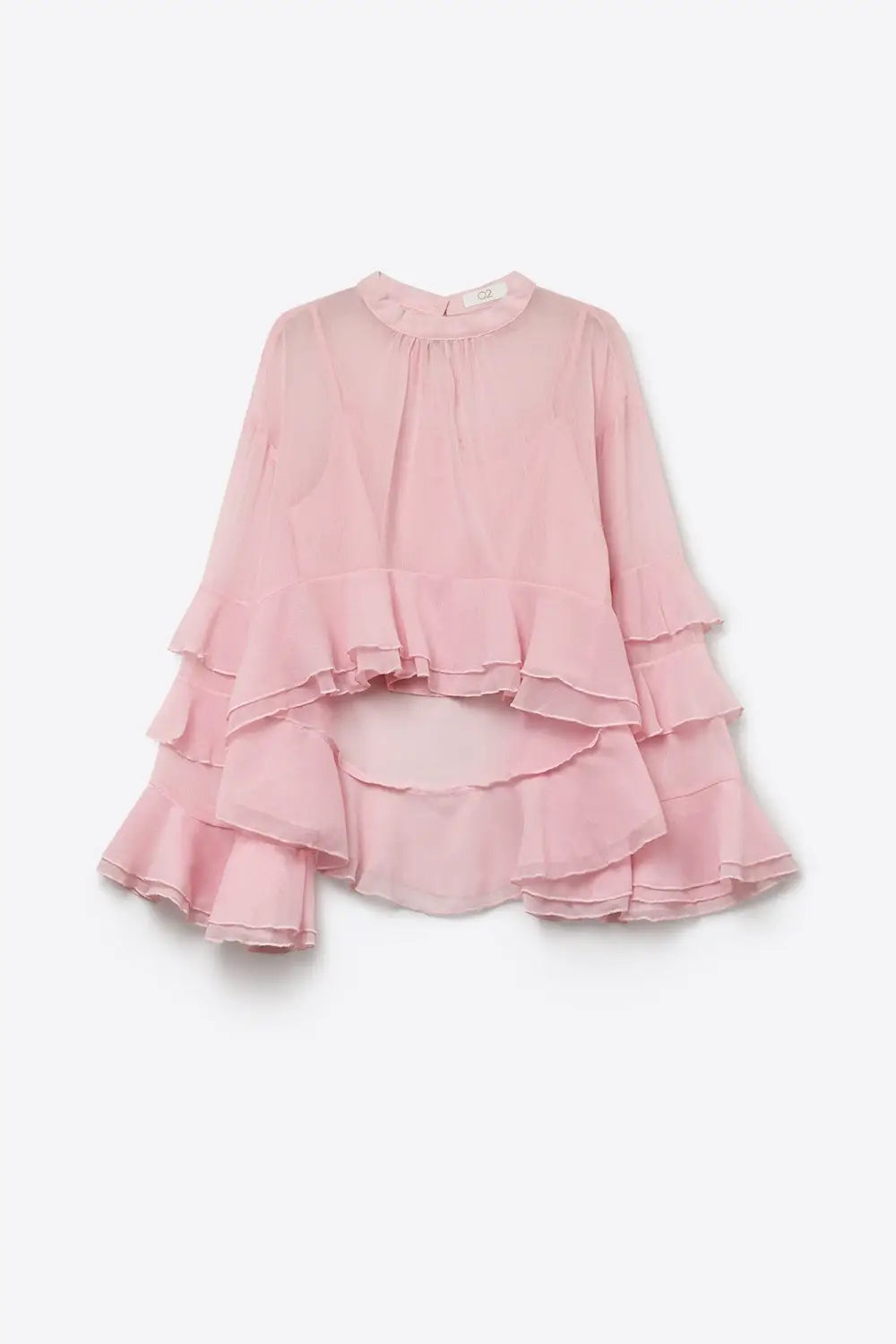 Light Pink Chiffon Ruffle Tiered High Neck Asymmetrical Blouse Top - Skirts