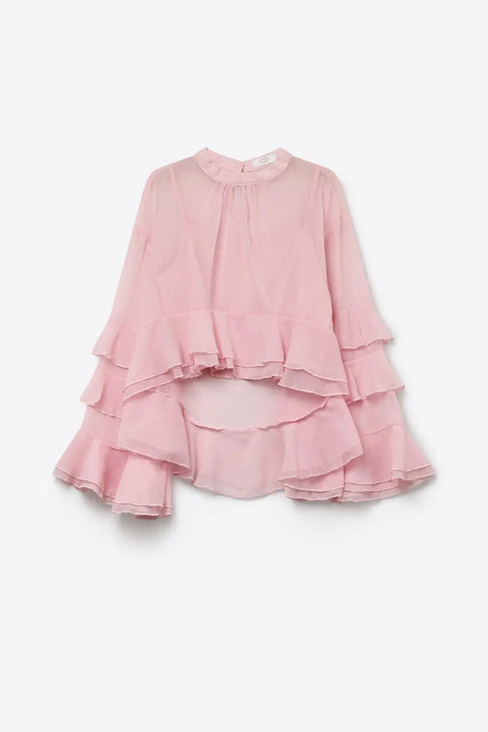 Light Pink Chiffon Ruffle Tiered High Neck Asymmetrical Blouse Top - Skirts