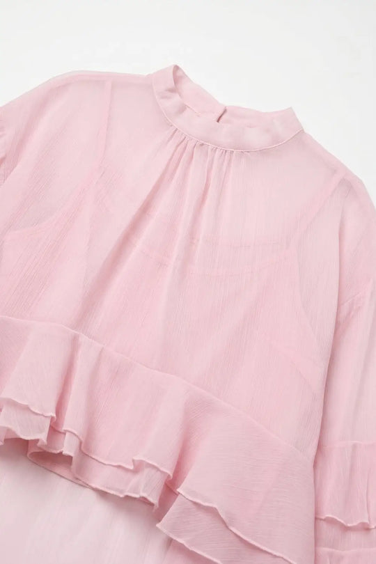 Light Pink Chiffon Ruffle Tiered High Neck Asymmetrical Blouse Top - Skirts